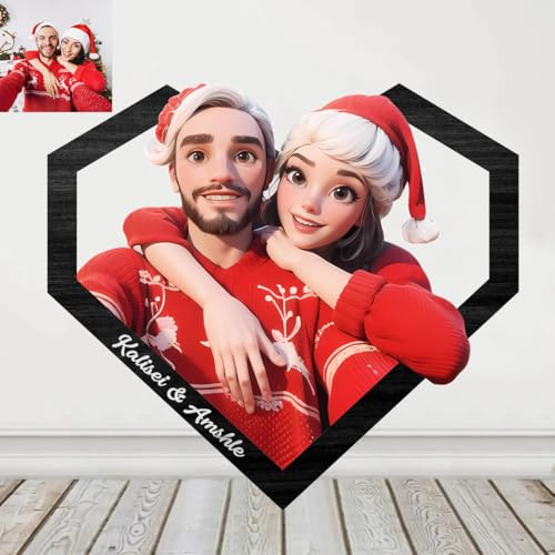 Personalisiertes 3D-Foto-Holzschild im Cartoon-Stil, individuelle Karikatur-Bilderrahmen-Schild, Geschenke für Hochzeit, Familie, Jahrestag, Weihnachten, Geburtstag, Paar, Wandkunst Dekor (Herz)