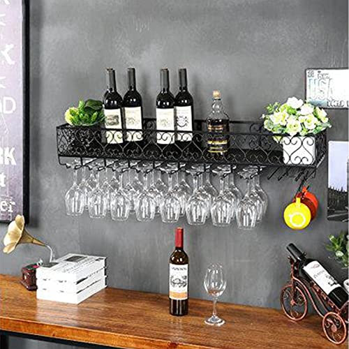Moderno estante de vino negro para 12 botellas y 8 copas montado en la pared para vino y organizador de cristalería Ch agne (80 x 25 cm)