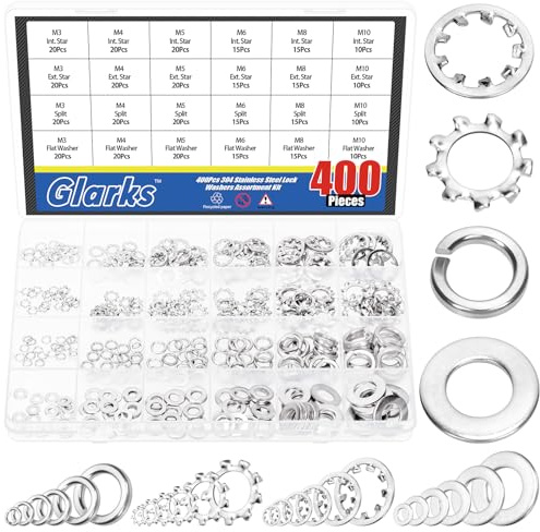 Glarks 400 pièces m3 M4 M5 M6 M8 M10 rondelles étoile intérieure et extérieure et rondelles de verrouillage Split avec kit de rondelles Plates