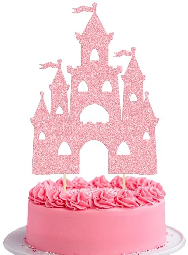 Ephlyn 1Pcs Castle Cake Topper Glitter Princess Castle Theme Birthday Cake Decorations Queen Castle Cake Pick for Princess Prince Birthday Baby Shower Party Supplies Pink