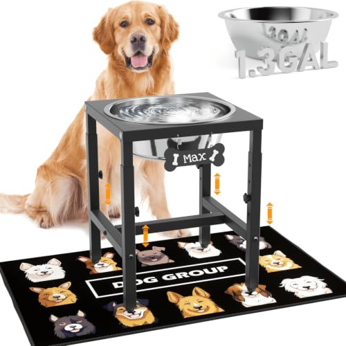 Erhöhter Hundenapf (6 Liter) für große Hunde, 4-Fach höhenverstellbar (33–46 cm), aus Edelstahl mit auslaufsicherer Matte und stabilem Metallständer, leicht zu reinigen, für drinnen und draußen