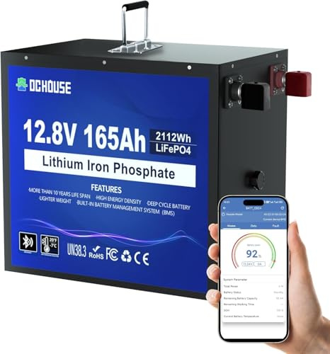 DCHOUSE 12V 165Ah LiFePO4 Batterie, Bluetooth et protection basse température, coque métallique plus sûre, batterie lithium-ion 12V jusqu'à 15000 cycles, BMS 120A, pour les moteurs à la traîne