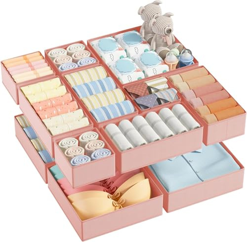 DIMJ Organizer Cassetti - Organizer per Armadio Non Tessuto, 12 Pezzi Divisori per Cassetti, Scatola di Immagazzinaggio Pieghevole, per Biancheria, Neonati, Calzini, Rosa