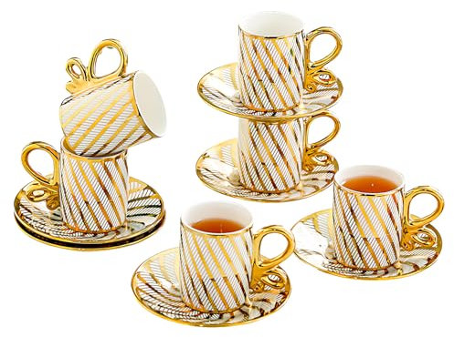 Service à Thé Vintage en Porcelaine 12 Pièces – 6 Tasses à Thé 220ml avec Soucoupes – Design Bord Doré – Set de Tasses en Céramique pour Café, Thé, Bureau et Cadeau