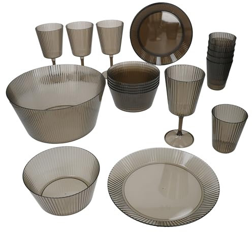 MamboCat Togo Service de vaisselle de camping 23 pièces gris I Set combiné en plastique I Assiettes, bols, verres à vin et à eau I Extérieur & camping-car