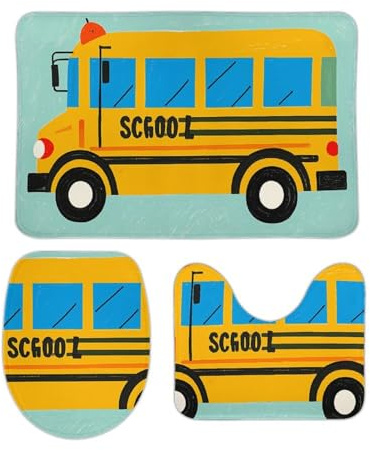 Bathroom Mat Sets 3 Piece School Bus U Shape Wc Toilet Rug Durable Cozy Toilet Mats Seat Cover, For Outdoor, Bedroom, Indoor