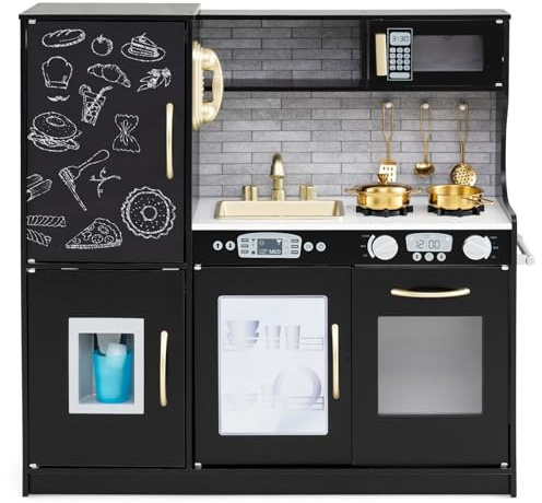 COSTWAY Kids Wooden Kitchen, Pretend Play Kitchen with Chalkboard, Sink, Microwave, Ice Maker, Utensils, Children Cooking Role Playset for 3-6 Years Old Boys Girls (Black)