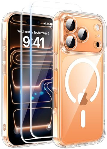 FLLAO 3 in 1 Magnetic Case for iPhone 17 Pro with 2X HD Screen Protector, Compatible with MagSafe, Slim Shockproof Military-Grade Drop Protection, Translucent Matte Hard Back Bumper Cover, Clear