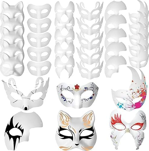 Xaztr 30 Stück Pappmaché Masken Weiße Bastelmasken Halbmasken zum Bemalen, DIY Leere Malbare Kunst Cosplay Masken für Party, Karneval Handwerksprojekte (6 Designs)