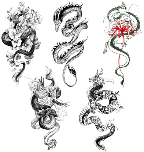 SSyang 5 Feuilles Tatouage Temporaire, Tatouage Ephemere Forme de Dragon, Faux Tatouages pour Adultes, Tatouages Preuve de l'eau Temporaires Autocollants Réalistes, pour Hommes et Femmes