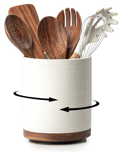 MIKIGEY Utensil Holder, 360° Rotating Extra Large Ceramic Kitchen Utensil Holder for Countertop, 7.3“ Cooking Utensil Crocks for Kitchen Counter with Rotatable Wooden Base, Farmhouse Decor, White