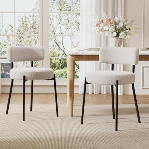 Ckaff Set di 2 Sedie da Pranzo, Sedie da Cucina in Tessuto Boucé, Poltrone da Salotto con Gambe in Metallo, Sedia Imbottita Sala da Pranzo per Sala da Pranzo Cucina Soggiorno Camera da Letto, Bianco