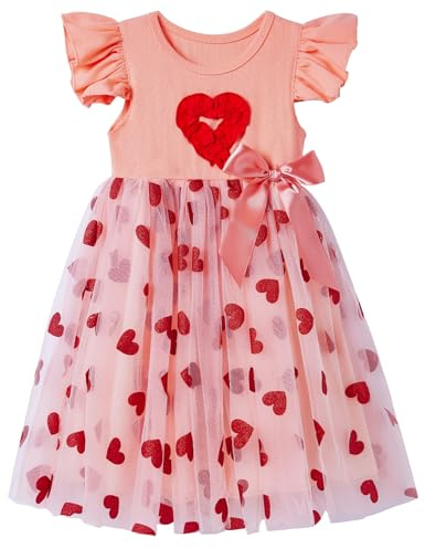 Beganly Girls Valentines Dress Toddler Ruffle Sleeves Bow Red Hearts Tulle Tutu Princess Party Dresses Love Heart Pink 130