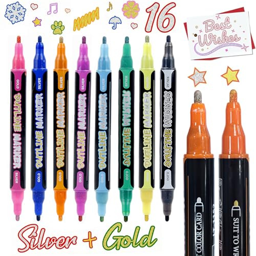 ENLACE 8 penne glitterate 16 colori metallizzati outline pennarelli a doppia punta, matite magiche per fai da te, bricolage, pittura con pietre, scuola e biglietti, regali di Pasqua per bambini (oro e