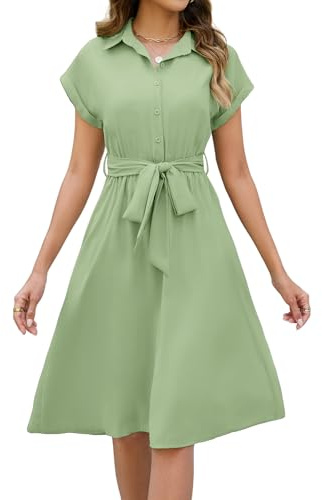 HEEKPEK Vestito Donna Estivo Manica Corta Casual Abito Scollo a V Vita Alta A Line Abiti Lungo Elegante Abito Camicia Colori Solidi Vestiti con Tasche e Cintura (Verde, L)