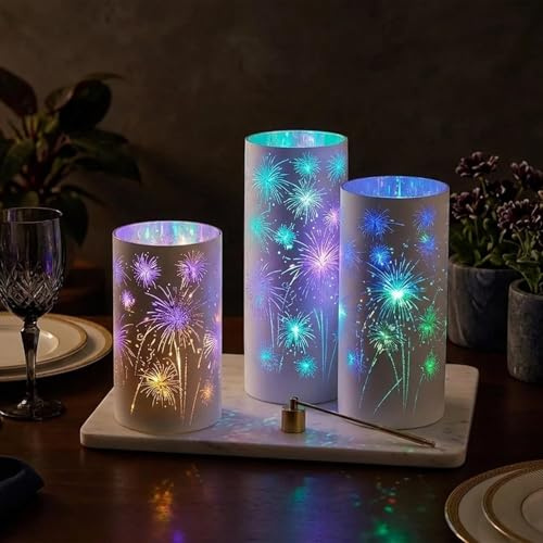 Set of 3 Celebration Hurricanes - Etched Firework Starburst Glass Pedestals with Warm White LED Lights, Twinkling Decorative Centerpiece for Mantel, Dining Table, Wedding & Holiday Décor(White)