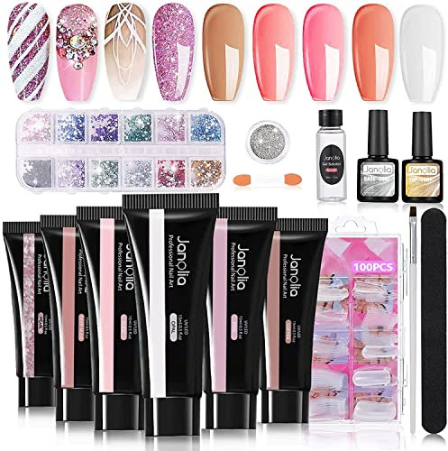 Janolia Nagelverlängerung Kit für Nägel, Gel Builder Nails Starter Set für Nageldesign mit 15ml * 6 Farben Nagelverlängerungsgel, Base Coat, Top Coat, Sehr Gut Geeignet für Anfänger