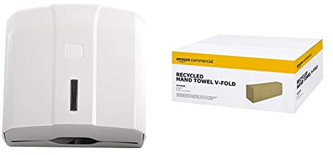 SemyTop Falthandtuch-Spender, Kunststoff Circa 500 Blatt, Geeignet für C und ZZ- Falz Papier, 1 Stück, weiß & AmazonCommercial Interfold V-Falz Recycelte Papierhandtücher, 20 Packungen, 5000 Blatt