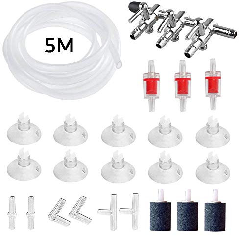 Kingrun 24 Stück Air Pumpe Zubehör für Fische Tank, 5M Silikonschlauch, 3-Wege Aquarium Metall Luftventil, 3 Sauerstoff Stein, 3 Rückschlagventile, 10 Saugnapf-Clips, 6 Steckverbinder fürs Aquarium