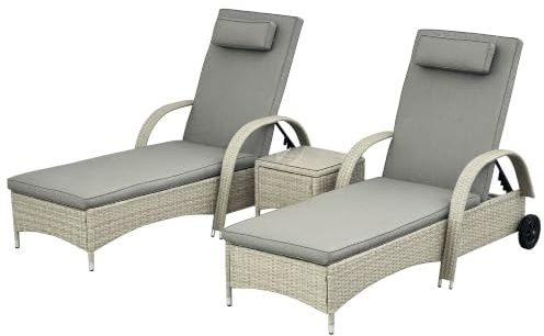 Outsunny Sonnenliege Gartenliege 3er-Set Gartenmöbel Grau | Tisch, Polyrattan+Metall