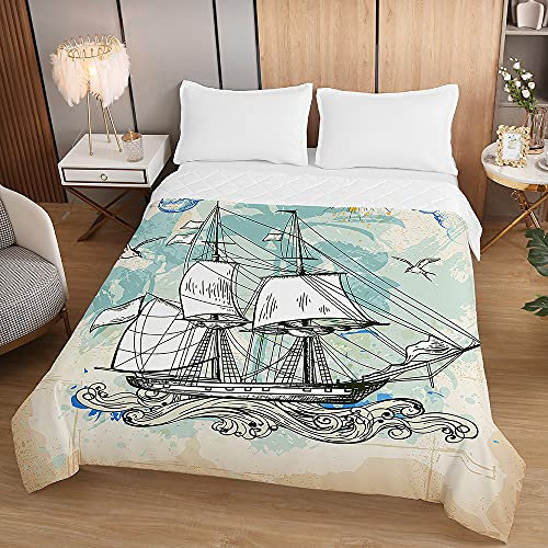 Oduo Colcha Bouti Cama de Verano, 3D Microfibra Cubrecama Multiusos Suave para Cama de Matrimonio, Lavable Acolchada Edredón Ligero Manta para Todas Las Estaciones (Velero náutico 1,100x150cm)