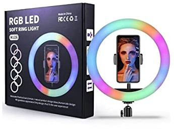JANDEI LED-Ringlicht, RGB, 26 cm/260 mm, mit Stativ und Handyhalterung und Fernbedienung, 15 Farben, dimmbar, 10 Helligkeitsstufen für Selfie-Make-up YouTube Tik Tok Vlog