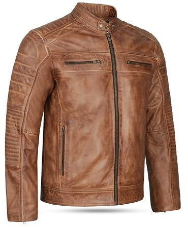 Leatherick Giacca da motociclista in vera pelle dall'aspetto invecchiato marrone chiaro, marrone invecchiato (L)