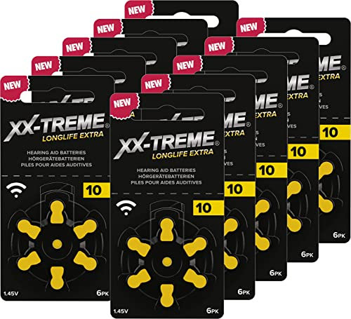 XX-Treme Longlife Extra Hörgerätebatterien Typ 10-60 Stück Hörgeräte Batterien konzipiert für höchste Leistung - Pack mit 10 Blistern à 6 Hörgerätebatterien – PR70 Farbcode gelb 1,45 Volt