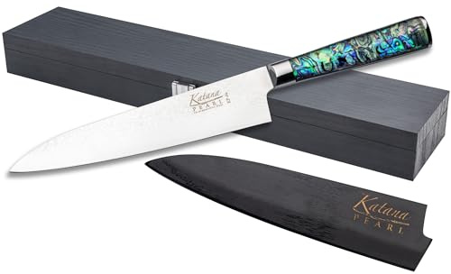 Katana Saya Pearl 20 cm Gyuto-Messer – VG-10-Damaststahl mit hohem Kohlenstoffgehalt für extreme Robustheit und Schärfe – Acrylgriff mit Abalone-Muster