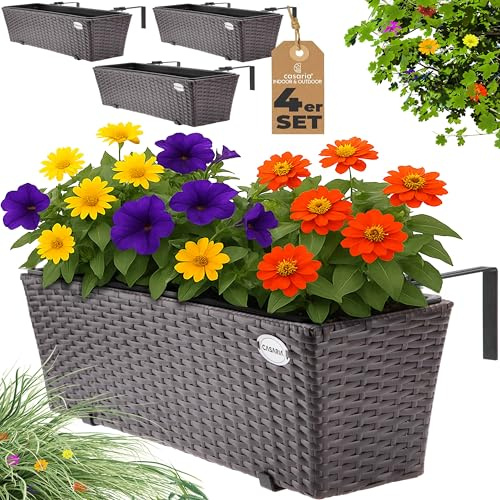 CASARIA® Set of 4 Flower Boxes | Weatherproof Rattan | Hangable with Mounting Brackets | Floating Planters Balcony | Windowsill | Railing | Gate | Fence | 60x20x19cm | 11 L | Brown