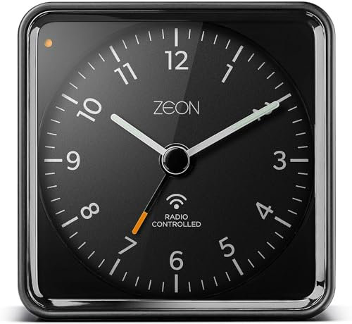 ZEON Funkwecker für mitteleuropäische Zeitzone (DCF/GMT+1) mit Licht- und Schlummerfunktion, geräuschloser, batteriebetriebener Wecker in Schwarz, CE4550-DCF
