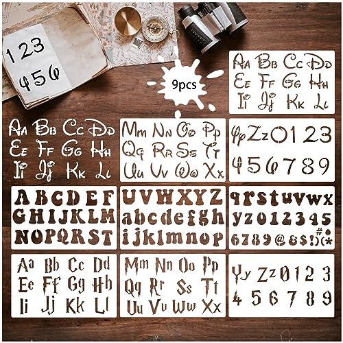 9 Stück Buchstabenschablonen Vorlage 15,2 x 25,4 cm Wiederverwendbare Halloween Vintage Zahlen Schablonen Retro Magic Alphabet Schablonen für Notizbuch, Tagebuch, Scrapbook Dekor (Magischer Buchstabe)