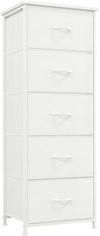 Somdot Tall Chest of Drawers for Bedroom with 5 Drawers, Storage Organiser Fabric Dresser for Closet Bedside Nursery Laundry Living Room Entryway Hallway, White Leather