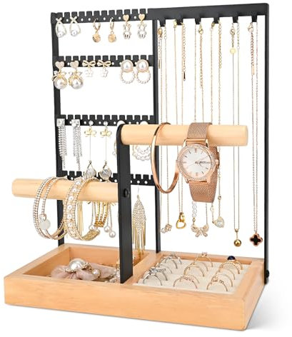 Damcyer Schmuckständer Schmuckhalter, Kettenständer Schmuck, 4-Stäben Schmuckständer, kettenständer schmuck, schmuckständer Holz für Halsketten, Ringe, Armbänder, Schwarz