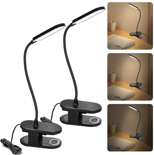 Aigostar Luz de lectura, Lámpara lectura LED con clip y brazo flexible ajustable en 360°, luz de cama con clip y cable, 3 modos de brillo, protección ocular, 4000 K, Negro, 2pcs