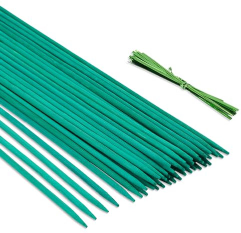 KINGLAKE 30Pcs 38cm Green Plant Support Sticks with Twist Ties, Bamboo Plant Stakes Split Canes, Floral Sticks Garden Flower Sticks for Orchid Pea Vegetables Support (15 Inch)