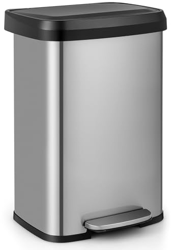 GOPLUS Abfalleimer Edelstahl, 50L Treteimer mit sanft schließendem Deckel, Griffe & Metallpedal, Mülleimer geruchsdicht für Küche, Bad & Wohnzimmer, Silber