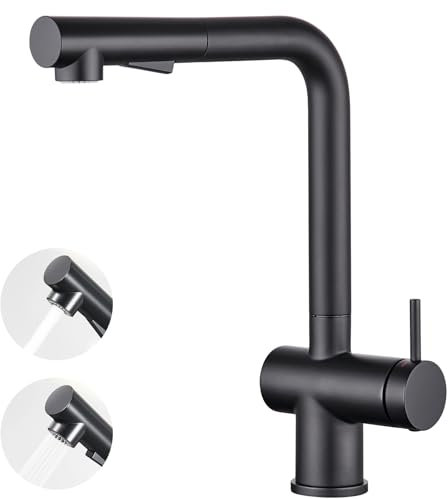 Faustina Einhebelmischer Küchenarmatur mit Brause Ausziehbar, Mischbatterie Spültischarmatur Armatur Wasserhahn Küche 360° Drehbar, Hochdruck Einhand-Spültischbatterie Armatur, Edelstahl schwarz