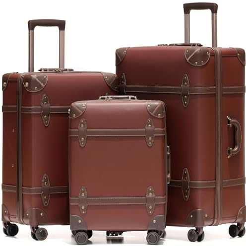 NZBZ Vintage Gepäcksets für Damen, PU Leder Retro Koffer, Vintage Kofferraum Gepäck, Vintage Kofferset, Karamellfarben / Braun, 20inch & 24inch & 28inch, Gepäck-Set mit Reißverschluss, Vintage-Stil