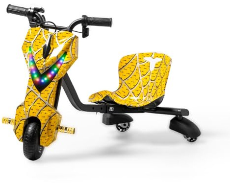 ATAA Drift Mini 36v elektrisk trehjuling, gul, Drift Trike för pojkar och flickor, elektrisk kart med 36 W batteri och kraftfull motor, 3 hastigheter, startar med nyckel, 3–7 år