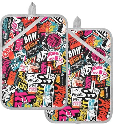 Set di presine da cucina resistenti al calore, colorate, alla moda, con graffiti, presine per cucina, con tasca, presine da forno, confezione da 2