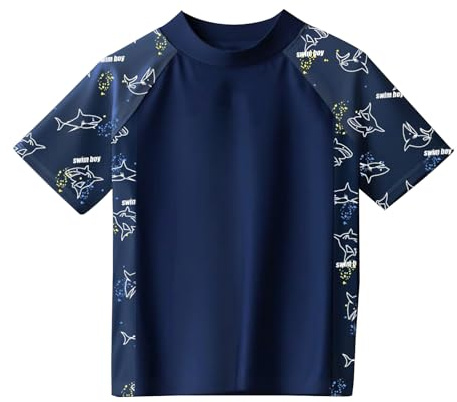 Badeshirt UV Kinder Jungen, Badebekleidung Kurzarm, Kleidung Junge, Schwimmshirt, Hai-Muster (DE/NL/SE/PL, Alter, 6 Jahre, 7 Jahre, Regular, Dunkelblau)