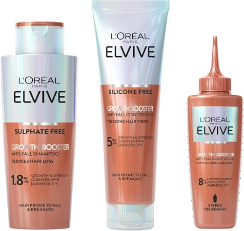 L'Oreal Paris Elvive Growth Booster Set, Anti Hair Loss Shampoo, Conditioner & Serum, Aminexil, Niacinamide & Ginger Extract, Reduces Hair Loss, 200ml, 150ml & 102ml
