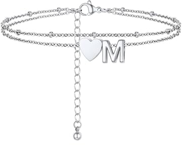 PROSTEEL Fußkettchen für damen, Doppelte Herz Fußkette mit Buchstabe A-Z, Edelstahl Fußschmuck für Mädchen Frauen