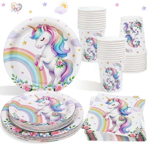 Heboland Set Stoviglie per Feste Unicorno, 100 Pezzi | per 25 Ospiti, Piatti e Bicchieri per Feste di Compleanno Unicorni Arcobaleno, Decorazioni Primo Bimba, Baby Shower