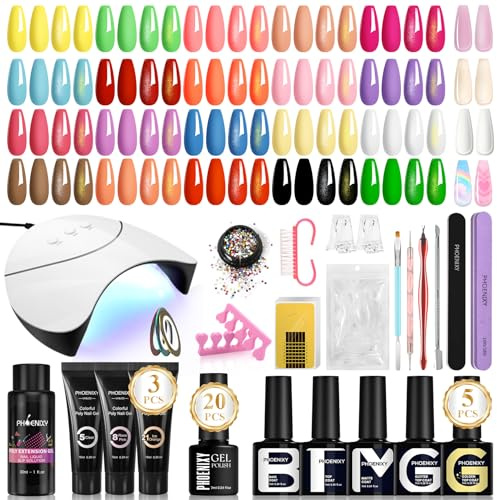 Phoenixy 43PCS Kit Esmalte de Uñas Semipermanente con Lámpara UV 20 Colores Esmalte de Uñas en Gel y 3 Colores de gel Extensión Poliéster Kit Completo de Manicura Para Principiante Regalo para Mujeres