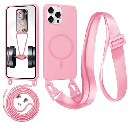 Beajew Handykette für iPhone 13 Pro Hülle mit Band [Kompatibel mit Magsafe] Flüssig Silikon Necklace Handyhülle Magnetische Schutzhülle zum Umhängen Kordel für iPhone 13 Pro, Rosa