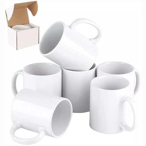 Sublimation Mugs Set of 6 | Plain White Coffee Mugs 11oz with Large Handle | Blank Ceramic Cups for Sublimation Printing, Tea, Coffee, Milk, Hot Chocolate | Safe Packaging with Smash Proof Box