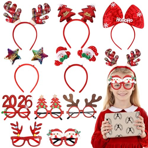 Druuzyl 10 Pezzi Cerchietti Natale con Occhiali Festivi - Fasce Capelli Renna/Albero di Natale, Accessori Party per Donna/Bambino, con Fiocchi di Neve e Decorazioni Natalizie