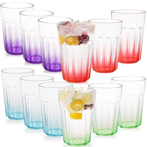 Greentainer Vasos irrompibles para agua potable, reutilizables, de plástico, para café, agua fría, leche, té, tazas para fiestas, pícnics, camping, apilables, 350 ml, juego de 12 (color mezclado)